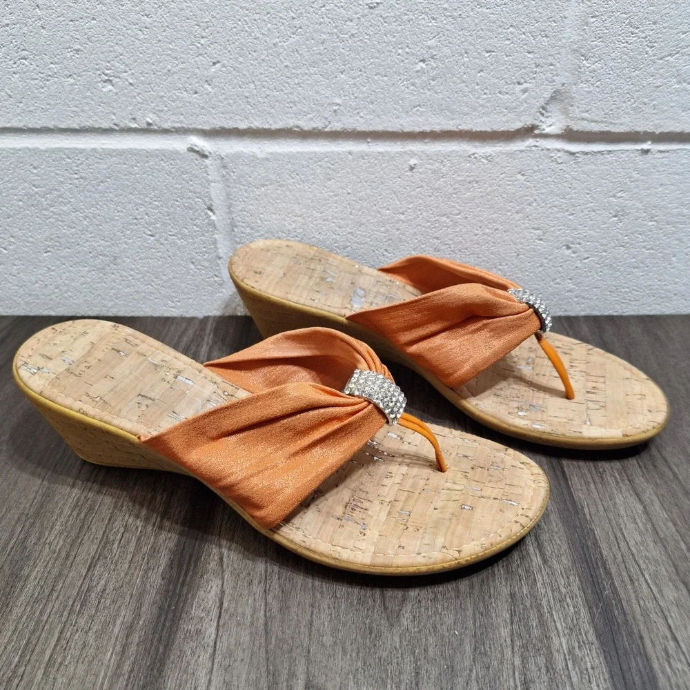 Orange Fabric Rhinestone Thong Wedge Sandals Cork Footbed Made in Italy Size 9